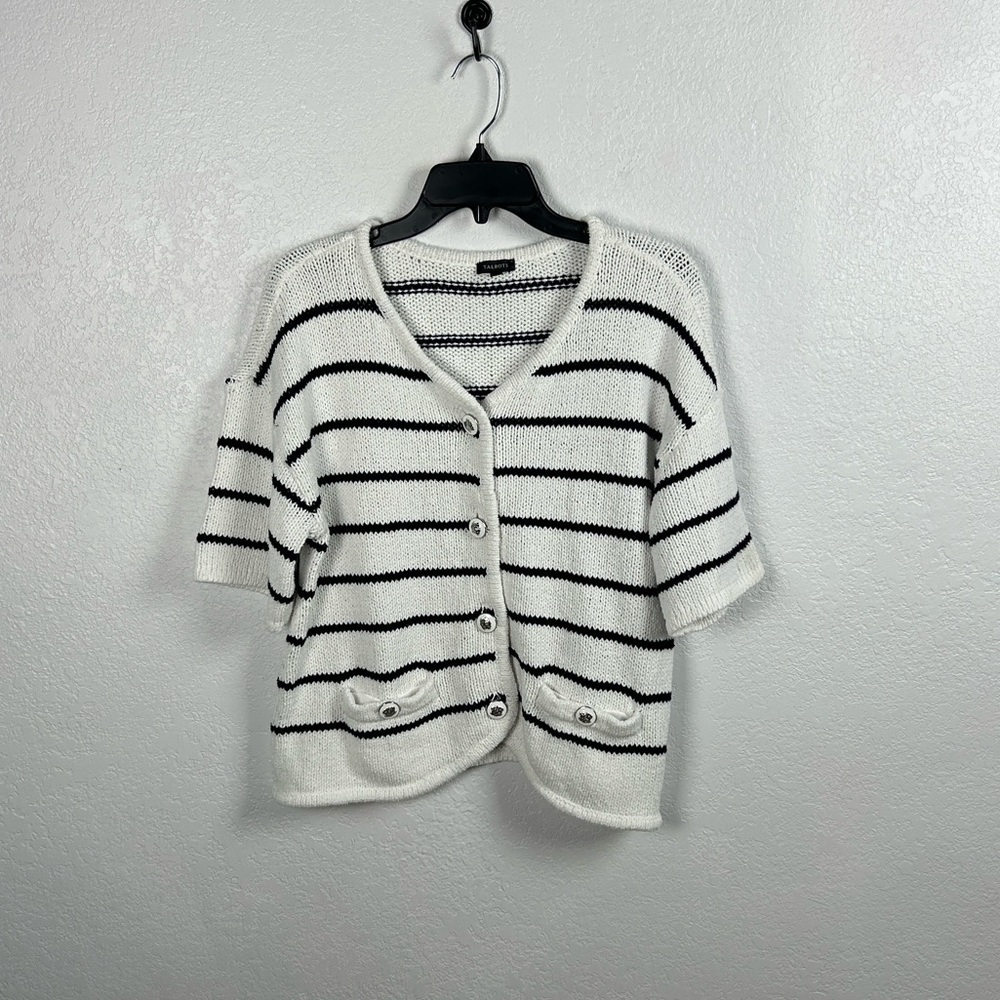 Talbots ELBOW SLEEVE SWEATER JACKET - STRIPE White Navy Blue Short Sleeve Sz M